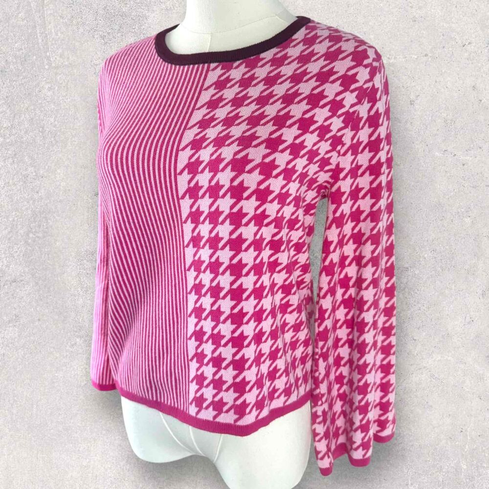 Dolan Pink White Long Sleeve Crew Neck Stripe Houndstooth Pullover Sweater Small - Picture 3 of 16